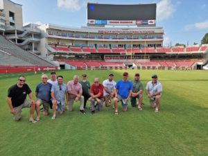 Installation crew from Winstead Turf Farms and Evergreen Turf Of Australia at the University of Arkansas Razorback’s Stadium.