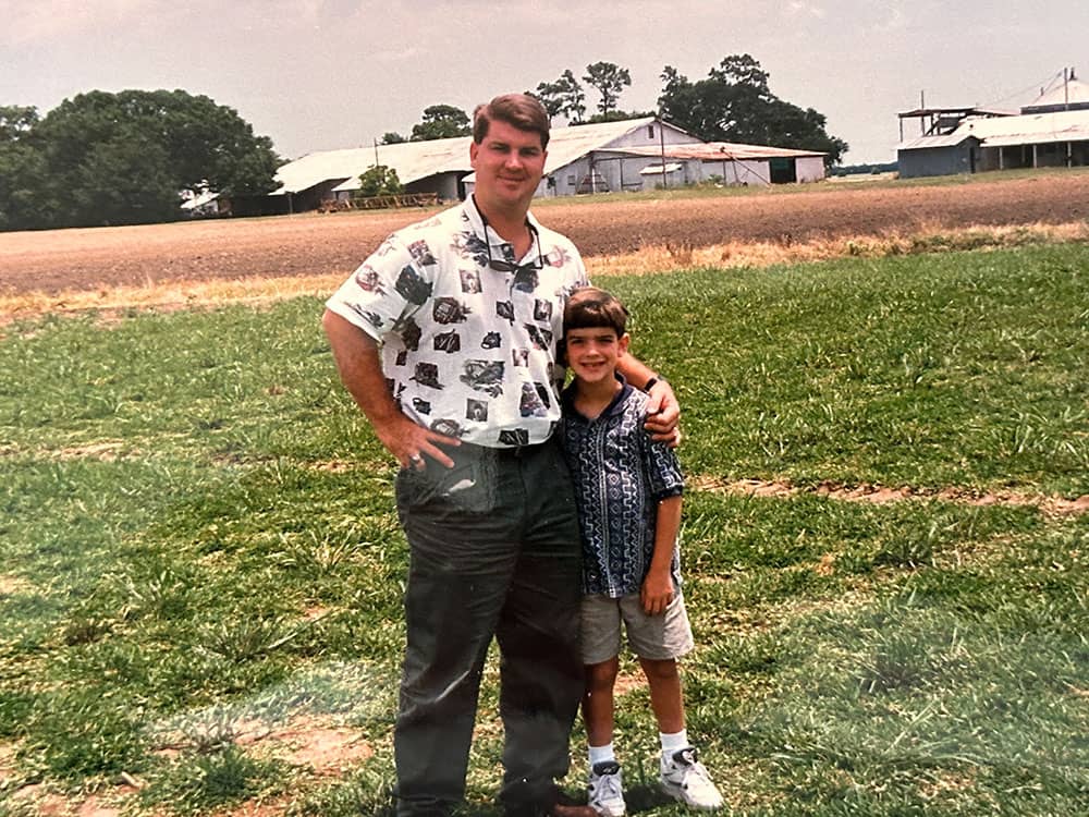 Tobey and Drew Wagner visiting a farm together in the 1990s.